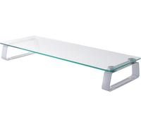 Support D'écran Rehausseur D'écran jusqu'à 20kg 2 Pieds Plaque en Verre Support de Bureau pour Ècrans D'ordinateurs TV PC Blanc