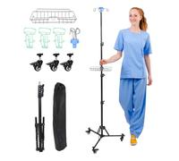 Support d'égouttement IV avec crochet de rangement, poteau IV portable pliable, support d'égouttement réglable avec 4 crochets et 3 roues, support mobile pour perfusion pour hôpital, soins à domicile