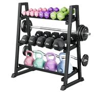 Support d'haltères à 3 niveaux, largeur réglable, pied trapézoïdal stable | Charge maximale : 590 kg, convient pour les haltères courts, kettlebells, haltères et disques, peu encombrant