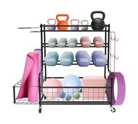 Support d'haltères, à 4 niveaux, multifonction, pour haltères, tapis de yoga, rouleau de fascia, kettlebell et bloc de yoga, étagère Dumbbells pour la maison avec 4 roues universelles et 8 crochets