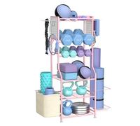 Support d'haltères, rangement de salle de sport à domicile pour kettlebells, tapis de yoga et équipement de musculation, support de poids avec organiseur de panneau perforé, rack haltères, rose