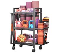Support d'haltères réglable à 3 niveaux, organiseur d'équipement | Étagère de rangement avec crochets et étagère latérale, organiseur de gym à domicile avec roulettes pour haltères