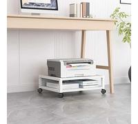Support d'imprimante compact avec 4 roues verrouillables à 2 niveaux sous le bureau, chariot d'imprimante mobile pour petits espaces et design peu encombrant.