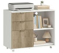 Support d'imprimante - HOMCOM - sur roulettes, 3 tiroirs, 2 étagères ouvertes, design ondulé - bois - 80x40x68cm - blanc chêne