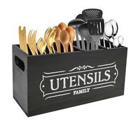 Support d'ustensiles pour comptoir de cuisine avec 4 compartiments et fond de drainage en bois pour couteau, fourchette et cuillère, noir