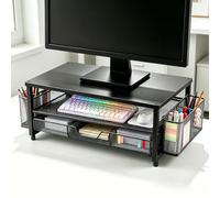 Support Écran de Bureau avec Tiroir et Double Porte-Stylos, Rehausseur Ergonomique pour Moniteur et Ordinateur Portable, Support d’Écran avec Rangement pour Accessoires de Bureau