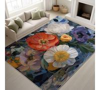 Support en TPR & Autocollants Antidérapants Tapiss - Dessin Animé Pavot Pissenlit Vintage 60 x 180 cm - Lavable Tapis de Chambre Doux Tapis Poil Court de Salon Chambre Salle a Mang - Rouge Blanc