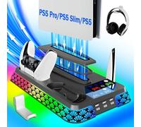 Support et station de refroidissement pour PS5/Slim/Pro avec contrôleur LED pour console PlayStation 5, accessoires inclus : chargeur de manette, ventilateur de refroidissement PS5, support pour