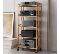 Support HiFi en bois avec roulettes, support de divertissement à 4 niveaux pour haut-parleurs et médias audiovisuels, solution facile pour mobilité et économie d'espace