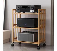 Support HiFi en bois avec roulettes, support de divertissement à 4 niveaux pour haut-parleurs et médias audiovisuels, solution facile pour mobilité et économie d'espace