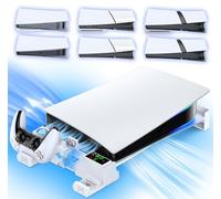 Support Horizontal PS5/Slim/Pro avec Ventilateur de Refroidissement et Chargeur pour Manettes Original & Edge, Conception Évolutive Base d’accessoires PS5 pour Tous les PS 5 Disc et Digital, Blanc