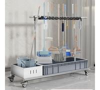 Support mobile pour serpillère et balai - Chariot à outils de nettoyage au sol, support de vidange commercial, station de ménage, outil à long manche pour râteaux, pelles et outils de jardin