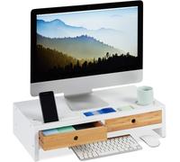 Support Moniteur Bambou, Rehausseur Écran 2 Tiroirs Compartiments, Support Hlp 14 X 60 X 30 Cm, Blanc/Nature