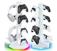 Support Multifonction pour Manettes et Casque avec Ports USB, Crochet Détachable pour Organisateur de Câbles, Rangement Accessoires Gaming pour PS5/Xbox/Switch, Idéal en Cadeau pour Gamers (Blanc)