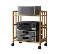Support multimédia AV à 2 niveaux avec roulettes, étagères en bois de bambou naturel, armoire stéréo, étagère de rangement, tour audio, centre de divertissement d'angle pour CD/DVD/tourne-disque