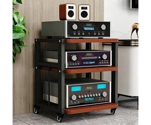 Support Multimédia AV HiFi, Support Audio for Amplificateur à 2/3/4 Niveaux | Armoire Stéréo en Bois avec Roulettes, étagères Réglables, Support for Lecteur Cd for Cinéma Maison(Teak,3 Tier)