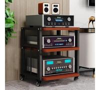 Support multimédia AV lourd chariot de rangement mobile avec étagères réglables pour audio stéréo finition teck armoire à 3 niveaux pour salon, salle de jeux, studio de musique