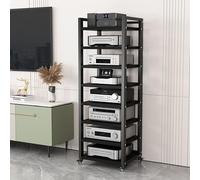 Support multimédia AV moderne à 8 niveaux avec roulettes - Rack stéréo et armoire audio pour tourne-disques - Composants de divertissement - Noir - Solution de stockage audio polyvalente - 49,8 cm de