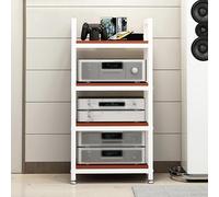 Support multimédia AV réglable à 4 niveaux - Rack audio en acier robuste pour jeux à domicile et bureau - Étagère de console avec finition en bois de teck - Idéal pour les équipements vidéo et les