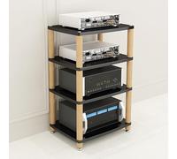 Support multimédia noir avec bandes d'alimentation - Rack audio sur pied et étagère de jeu - Amplificateur haut AV pour salon, salle de réunion, salle d'enregistrement - 152,4 x 121,9 cm