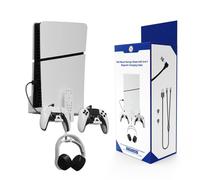Support mural console pour PS5 Slim, support mural pour manette de jeu/casque avec câble de chargement magnétique 2 en 1