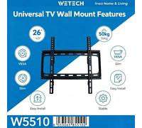 Support mural fixe pour téléviseur WETECH W5510, compatible avec les téléviseurs à écran plat de 26 à 63 pouces, capacité de charge maximale de 50 kg, compatible VESA 200x200 200x400 300x300 W5510