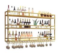 Support mural moderne pour bouteille de vin avec lumière LED, présentoir à vin industriel, armoire de bar multifonctionnelle à 3 niveaux, taille : 150 x 90 x 25 cm, couleur : doré