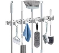 Support mural pour balai et serpillère en acier inoxydable - 5 étagères et 4 crochets - Gris