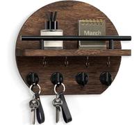 Support Mural pour Clés avec Étagère - Organisateur Mural en Bois Naturel Rond (8 Crochets:4 Métal Solides + 4 Petits) & Étagère D’Exposition Multifonctionnel pour Entrée,Couloir,Cuisine