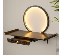 Support mural pour statues autel bouddhistes avec éclairage LED - Autel domestique compact en bambou avec tablette extensible - Table de prière murale pour encens et offrandes.(Walnut,50X25CM/19.7X9.8