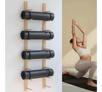 Support mural pour tapis de yoga et d'exercice, étagère de rangement suspendue multifonctionnelle en bois, organisateur d'équipement de musculation à plusieurs niveaux pour rouleau de massage, salle