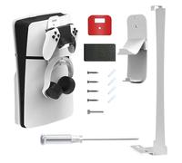 Support mural PS5 SLIM Support mural pour Playstation 5 Slim Disc/Digital Edition, étagère de rangement murale PS5 SLIM avec support de manette amovible et support pour casque (Blanc)