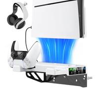 Support Mural PS5 Vertical avec Ventilateur de Refroidissement à 3 Niveaux et Double Chargeur, pour Disc et Digital Edition, Accessoires avec Support Casque, Ensembles d'accessoires pour PlayStation 4