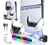 Support Mural RGB pour PS5 PRO/Slim/Digital, Station de Charge DualSense/Edge, Support de Casque & 3 Hubs USB - 15 Lumières RGB pour Playstation 5 Accessoires