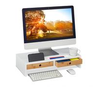 Relaxdays Support d'écran, 2 tiroirs, réhausseur d'écran d'ordinateur, Laptop, HxLxP : 12x56x27 cm, MDF, Bambou, Blanc