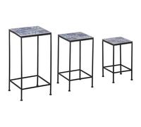 Support Pots De Fleurs 3 Pièces - Lot De 3 Étagères À Fleurs - Portes Plantes Empilables - Métal Époxy Plateaux Carreaux Céramique Bleu