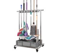 Support pour balai et serpillère - Chariot à outils de nettoyage au sol avec support roulant, 6 clips à ressort et 8 crochets pour écoles, hôtels, restaurants et buanderies