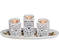 Support pour bougies à chauffe-plat Set pour 3 bougies à chauffe-plat - ca. 39x14x10 cm - Décoration avec des pierres - Couleur : blanc