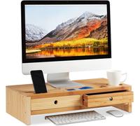 Support Pour Écran En Bambou Avec 2 Tiroirs Et Compartiments Pour Écran Blanc Cassé 14 X 60 X 30 Cm