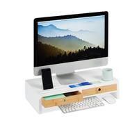 Relaxdays Support moniteur, 2 tiroirs, Rehaussement PC pour bureau; Bambou et MDF HLP: 12 x 55,5 x 27 cm, blanc/nature