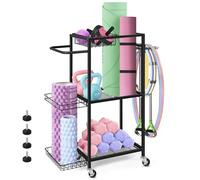 Support pour équipement de sport et de yoga, 3 niveaux de rangement, roulettes et 8 crochets, pour la maison et le fitness