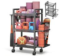 Support pour haltères, organiseur de salle de sport à domicile robuste avec 4 roues et 6 crochets, support d'équipement de fitness pour haltères, kettlebells, tapis de yoga, rouleau en mousse