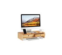 Support pour moniteur, bambou, rehausseur pour écran avec 2 tiroirs & compartiments, 14 x 60 x 30 cm, nature