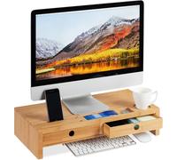 Support Pour Moniteur, En Bambou, Rehausseur D¿Écran Avec 2 Tiroirs Rangements, Bureau, Hlp 12X56X27Cm, Nature, 12 X 56 X 27 Cm
