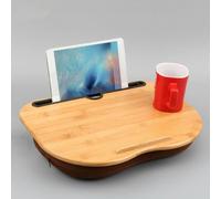 Support pour ordinateur portable avec surface en bambou et coussin dorsal, doté d'un embout antidérapant et d'une base rembourrée moelleuse,