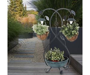 Support pour plante pot de fleur solaire lampe d'extérieur décoration de jardin lumière d'extérieur, conception de vrilles de fleurs, acier, argent, gris, H 80 cm