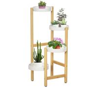 Outsunny Support pour plantes piédestal étagère à fleurs avec 4 niveaux étagères rondes en bambou et métal pour extérieur intérieur 28 x 28 x 80 cm blanc