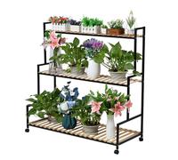 Support pour plantes rustique avec roues - 3 niveaux pour intérieur et extérieur, étagère en bois massif pour plusieurs plantes, étagère à fleurs pour jardin, salon, balcon