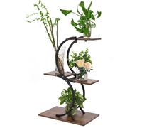 Support pour plantes - TODECO - 4 niveaux - Métal & MDF - Jusqu'à 5 pots - Intérieur/extérieur, marron