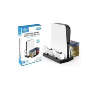 Support pour PS5 avec ventilateur, support pour manette PS5 avec indicateurs LED, chargeur et rangement pour 14 disques